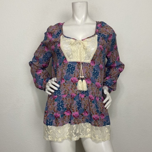 Matilda Jane Floral Print Tassel Lace Keyhole Long Sleeve Peasant Blouse Size S - Picture 2 of 10